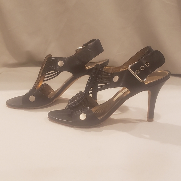 Cynthia Vincent strappy stiletto pump open toe size 7 black leather - Picture 8 of 8